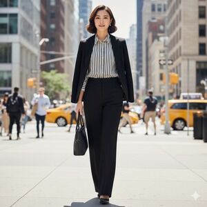 H&M Womens Large Black White Striped Long Sleeve Button Down Blouse Office Wear